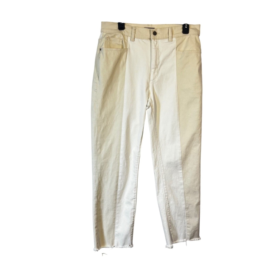 Patti Straight Jeans Women's Sz 34 White Color Block Ankle Two Tone Raw Hem
